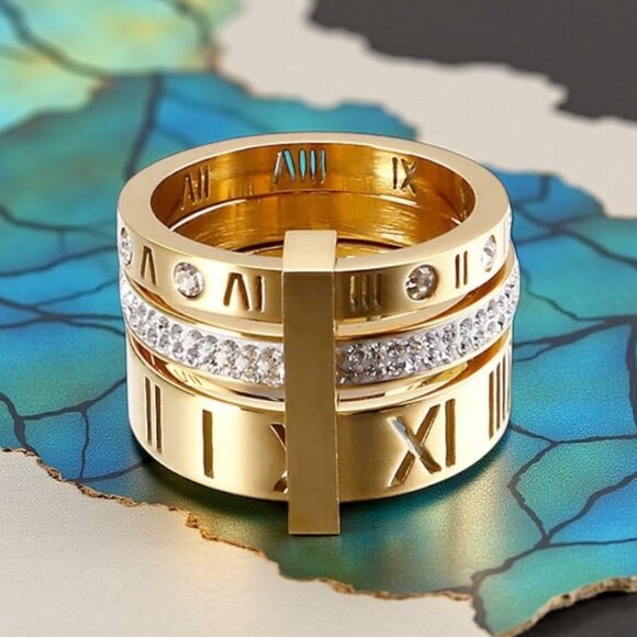 🆕️Modern Classic Roman Numeral Unisex Ring 18K Gold Plated Stainless Steel Sz 9 - Picture 9 of 13